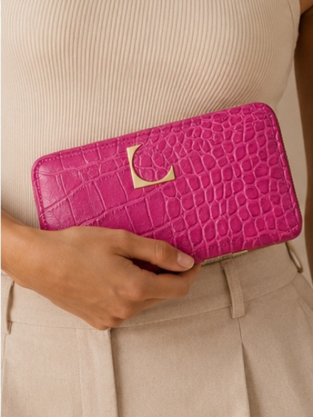 Fuchsia Croc-Embossed Zip Wallet - Women’s Clutch